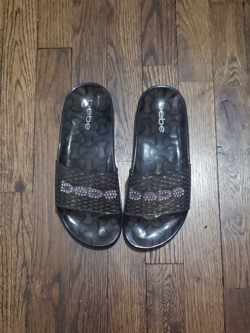 Bebe Black Textured Slide Sandals with Logo